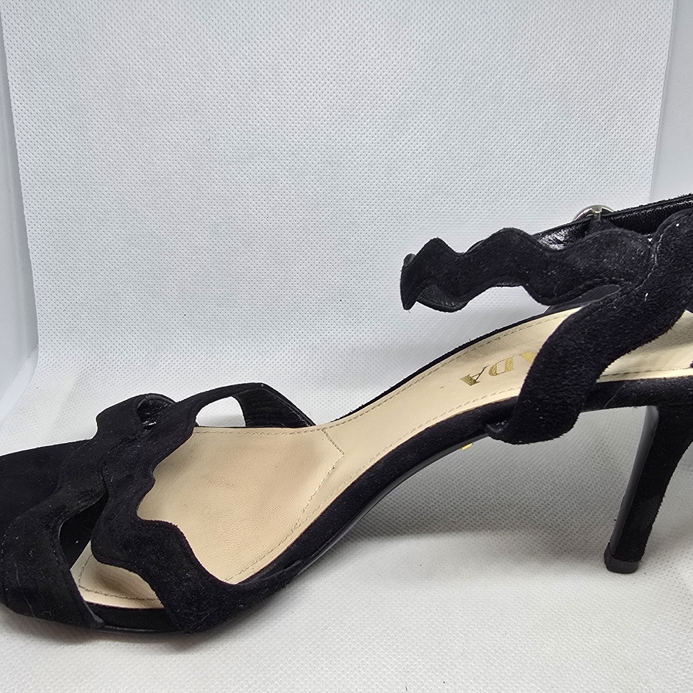 Prada Black Suede Sandals with Gold Logo Accent - Picture 2 of 4